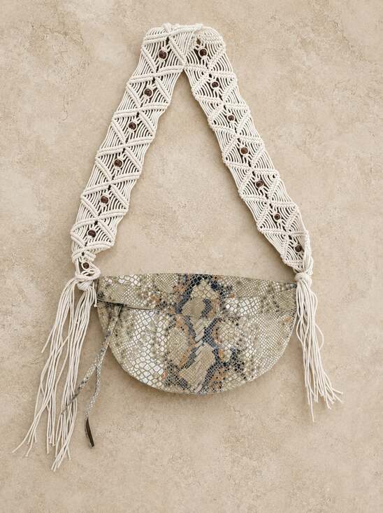 Free People Handbags - Free People Farrah Macramé Moon Crossbody Bag Snakeskin Fringe Boho Festival Y2K